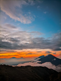 Scenic view of mountains against sky during sunset