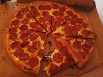 High angle view of pizza on table