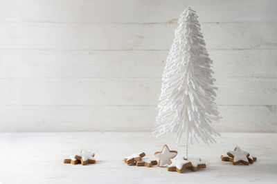 Close-up of christmas decoration with cinnamon star cookies on table