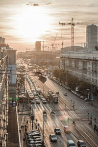 High angle view of cityscape against sky during sunset