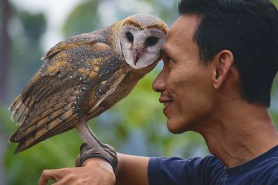 Close-up of man holding owl