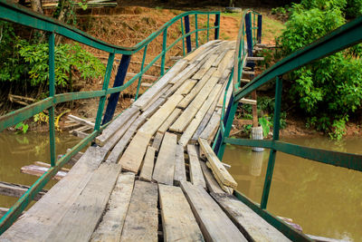 Wooden railing by trees