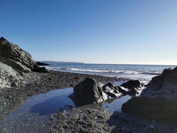 Scenic view of sea against clear blue sky