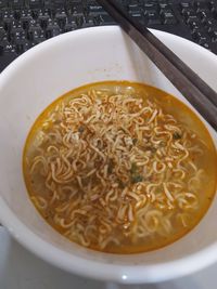 High angle view of soup in bowl