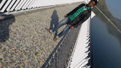 High angle view of man climbing outdoors