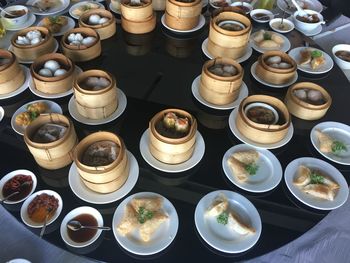 High angle view of various food on table