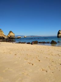 Scenic view of beach against clear blue sky