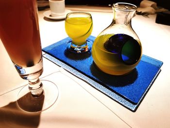 High angle view of beer in glass on table