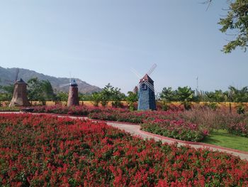 View of flowering plants on field against clear sky