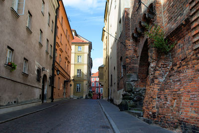 Narrow alley along buildings in city