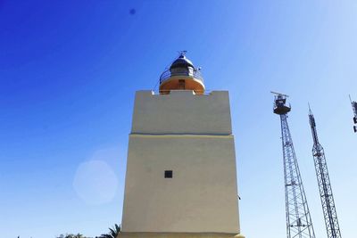 Low angle view of lighthouse against clear blue sky