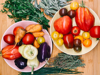 High angle view of fruits and vegetables on table