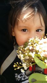 High angle view of woman holding white flower