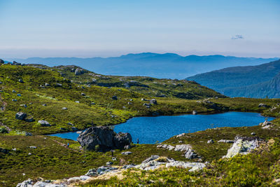 Scenic view of landscape and mountains against sky