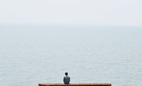 Rear view of man looking at sea against clear sky