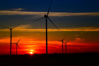 Silhouette wind turbines on land against sky during sunset