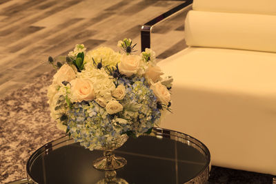 High angle view of flower vase on table