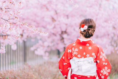 Rear view of woman against pink cherry blossom trees