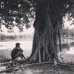 People sitting on tree trunk