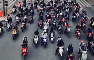 High angle view of people on street in city