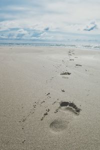 Footprints on sandy beach towards sea