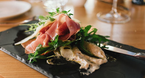 Close-up of meal served on table