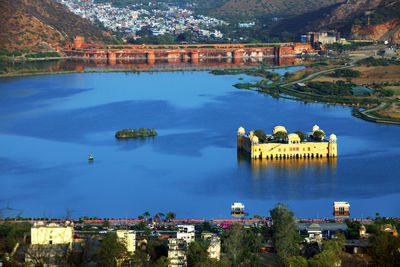 High angle view of jal mahal in lake