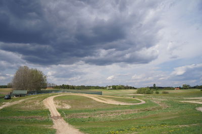 Scenic view of field against cloudy sky