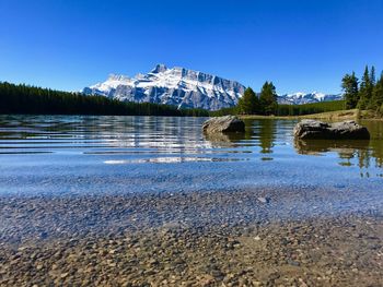 Scenic view of lake against clear sky during winter