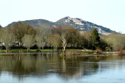 Scenic view of lake with mountains in background