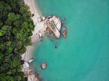 High angle view of rocks on sea shore