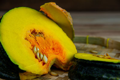 Close-up of yellow fruit on table