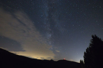 Low angle view of silhouette mountain against sky at night