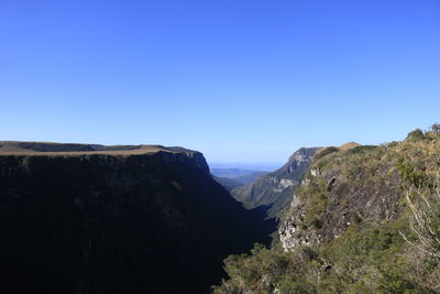 Scenic view of mountains against clear blue sky