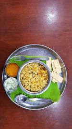 High angle view of meal served on table