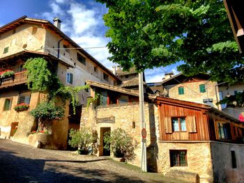 Houses by street in town against sky