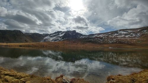 Scenic view of lake and mountains against sky