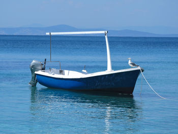 Seagull perching on boat moored at sea against sky