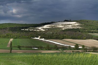 Scenic view of agricultural field against sky