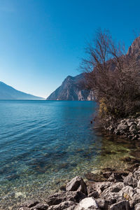 Scenic view of sea against clear blue sky