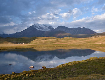 Scenic view of lake and mountains against sky