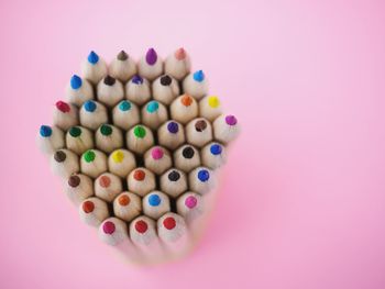 High angle view of multi colored pencils