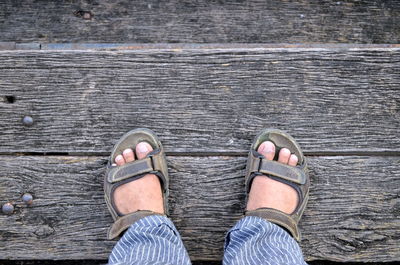 Low section of person standing on wood