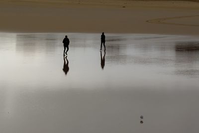 Silhouette people on wet shore