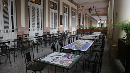 Empty chairs and tables in restaurant