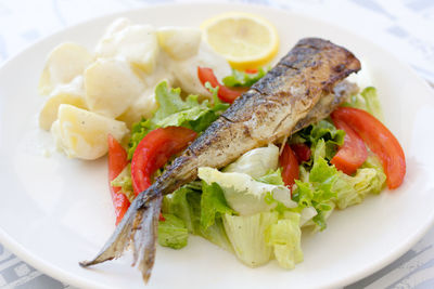 High angle view of grilled mackerel on salad by potatoes served in plate