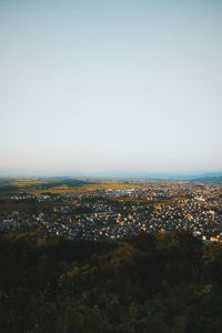 High angle view of buildings against clear sky