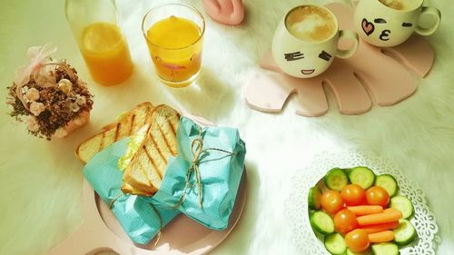 High angle view of breakfast on table