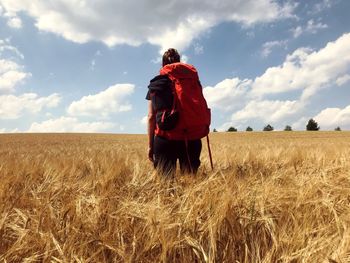 Rear view of man standing on field against sky