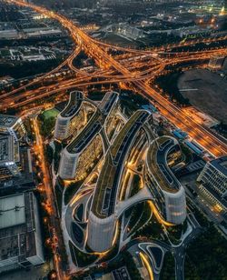 High angle view of light trails on city street